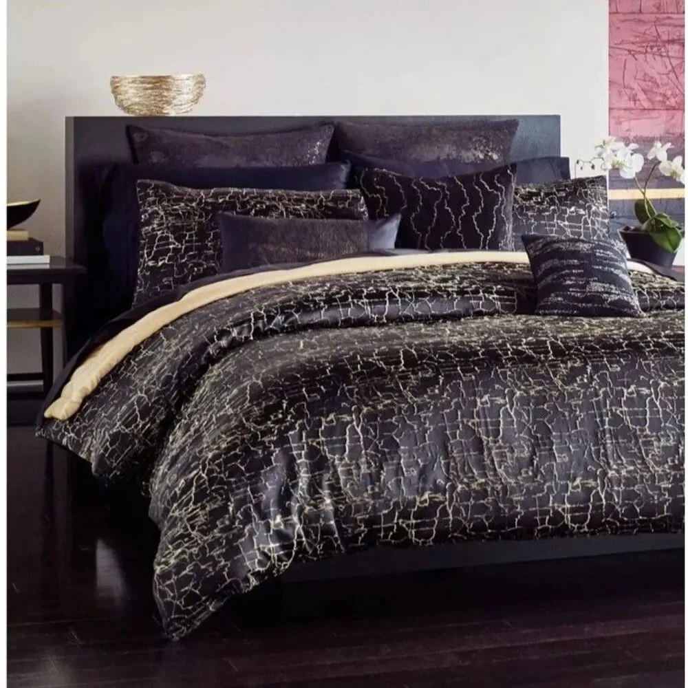 Donna Karan King Duvet Cover Black Gold Textured Onyx Collection Luxury Bedding